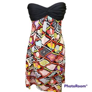 Trina Turk Size 2 Black Colorful Strapless Flowy Silk Mini Dress Resortwear